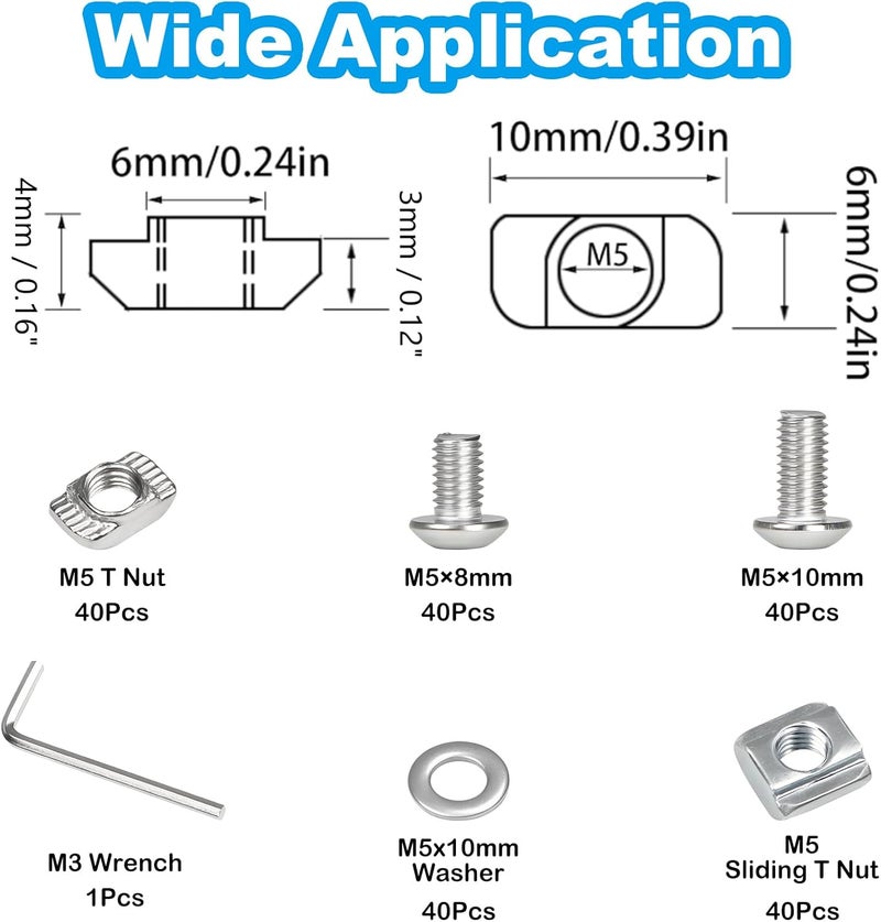Yinpecly 200Pcs M5 T-Nuts Screws Kit, Hammer Head T Slot Nut for 2020 Series Aluminum Extrusion, M5 Hexagon Socket Screws, T Sliding Nut, Washers, Silver - Image 2